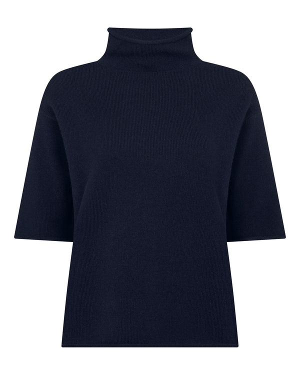 N.Peal Women's Short Sleeve Turtle Neck Cashmere Jumper Navy Blue