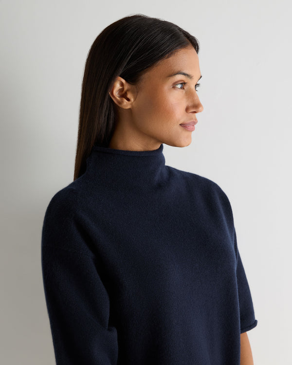 N.Peal Women's Short Sleeve Turtle Neck Cashmere Jumper Navy Blue