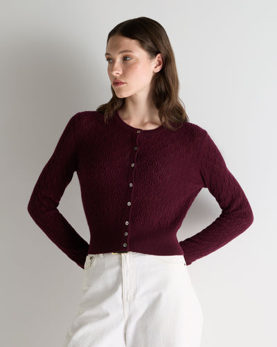N.Peal Women's Lace Stitch Cashmere Cardigan Bordeaux Red