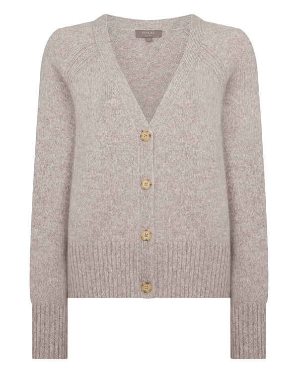 N.Peal Women's Relaxed V Neck Cashmere Cardigan Basilica Beige Brown Marl