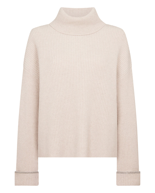 N.Peal Women's Luxe Roll Neck Cashmere Jumper Ecru White Sparkle