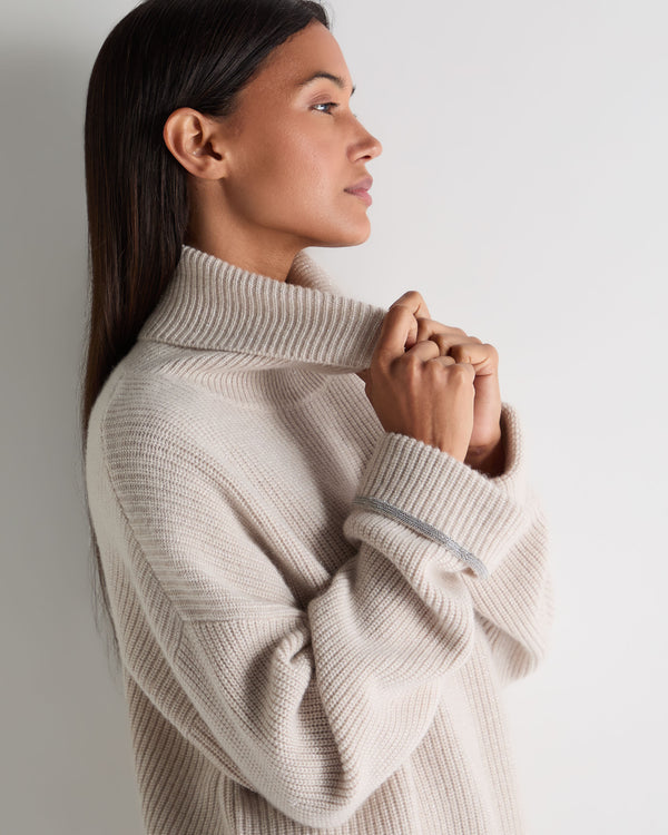 N.Peal Women's Luxe Roll Neck Cashmere Jumper Ecru White Sparkle