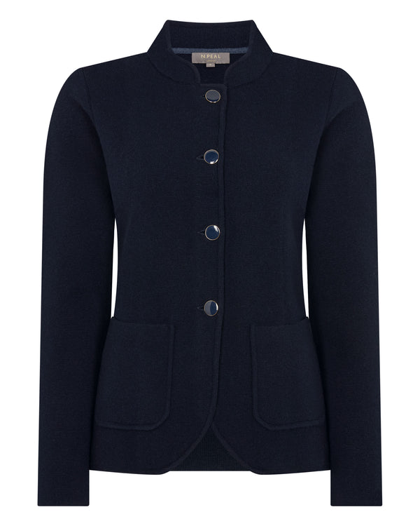 N.Peal Women's Nehru Collar Cashmere Jacket Navy Blue