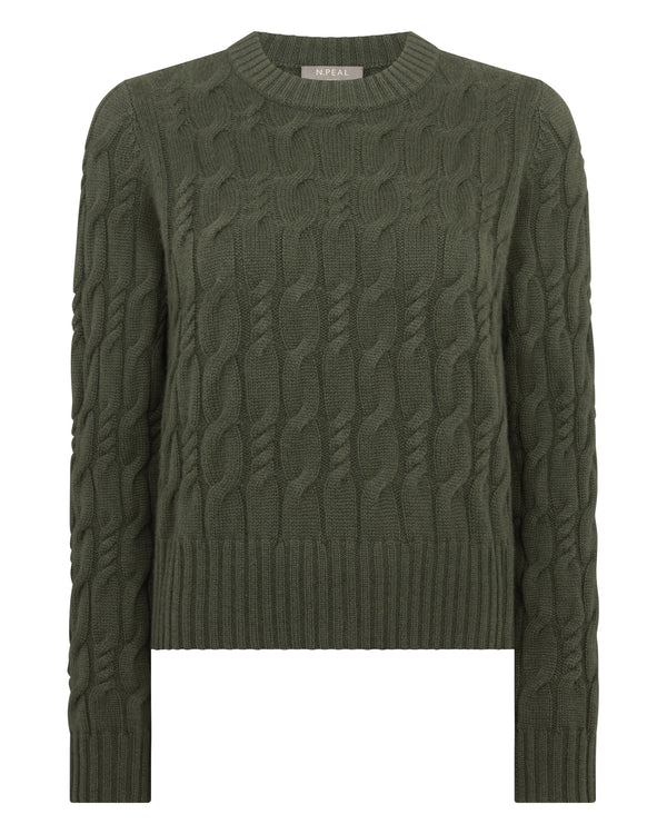 N.Peal Women's Cable Cashmere Jumper Army Green