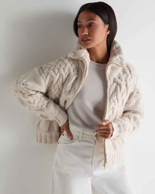 N.Peal Women's Hero Zip Cable Cashmere Jumper Ecru White