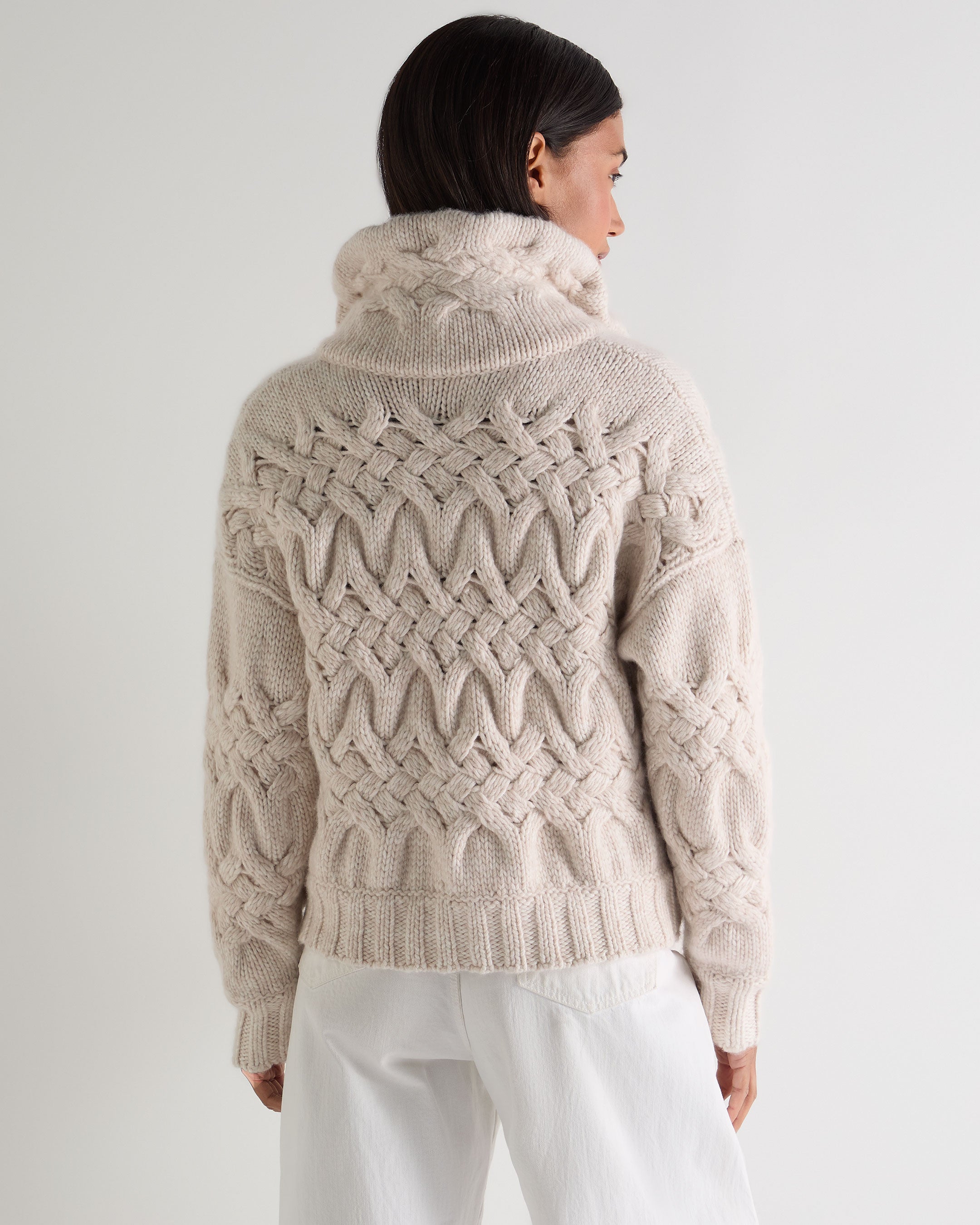 Women's Hero Zip Cable Cashmere Jumper Ecru White | N.Peal