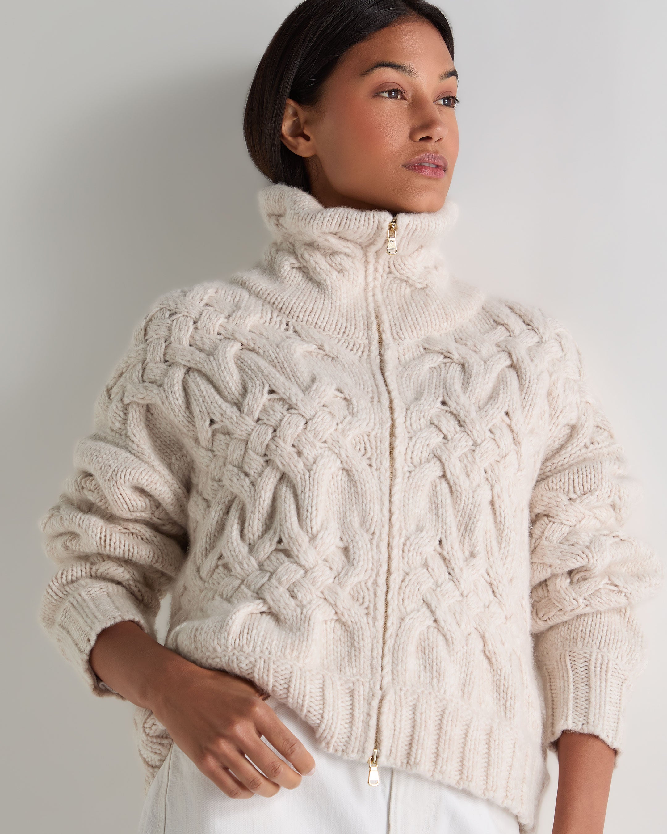 Women's Hero Zip Cable Cashmere Jumper Ecru White | N.Peal