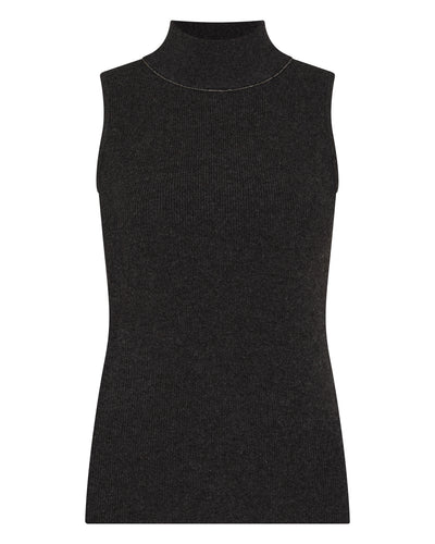 N.Peal Women's Turtle Neck Cashmere Tank Top With Metal Trim Deep Charcoal Grey