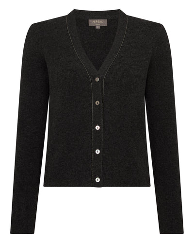 N.Peal Women's Ribbed Cashmere Cardigan With Metal Trim Deep Charcoal Grey