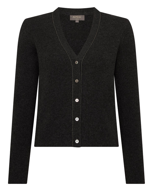 N.Peal Women's Ribbed Cashmere Cardigan With Metal Trim Deep Charcoal Grey