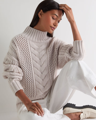 N.Peal Women's Mock Neck Cable Cashmere Jumper Frost White