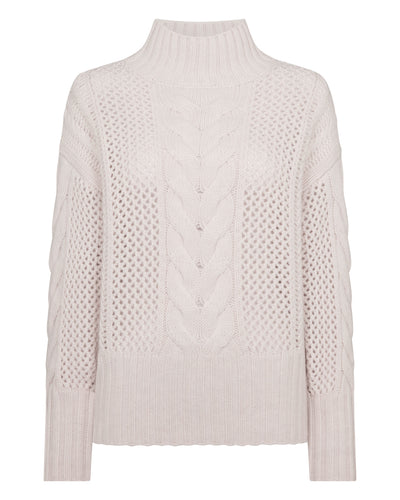 N.Peal Women's Mock Neck Cable Cashmere Jumper Frost White
