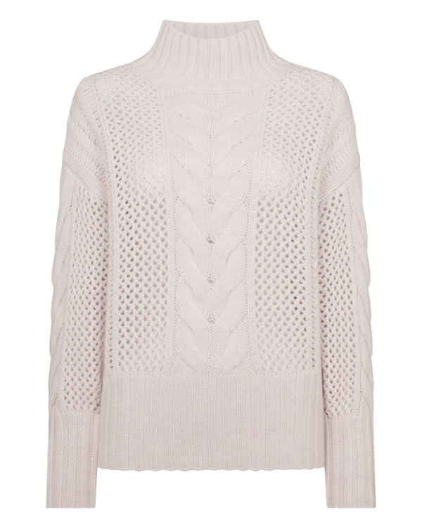 N.Peal Women's Mock Neck Cable Cashmere Jumper Frost White