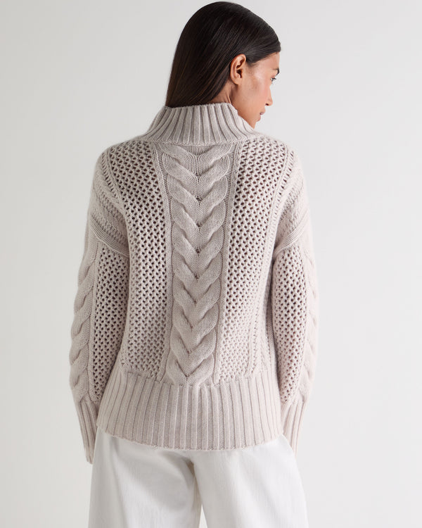 N.Peal Women's Mock Neck Cable Cashmere Jumper Frost White