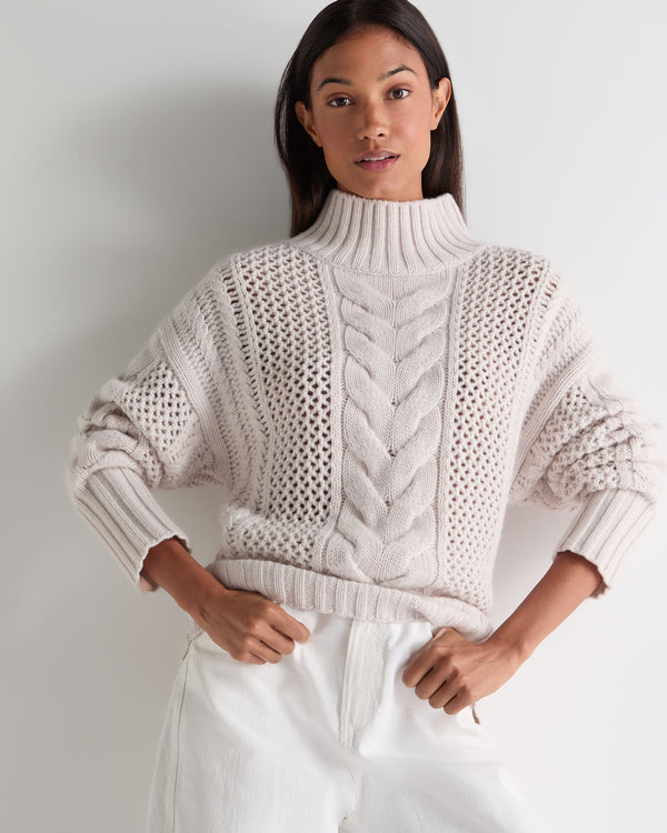 N.Peal Women's Mock Neck Cable Cashmere Jumper Frost White