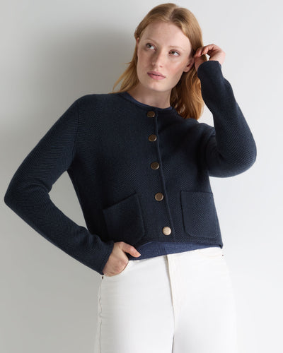 N.Peal Women's Collarless Jacquard Cashmere Jacket Navy Blue