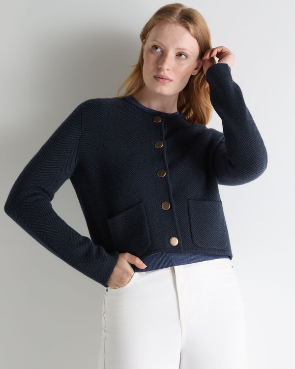 N.Peal Women's Collarless Jacquard Cashmere Jacket Navy Blue