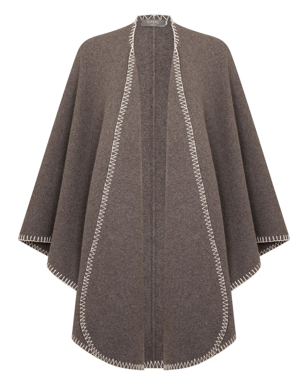 N.Peal Women's Milano Stitch Trim Cashmere Cape Otter Brown