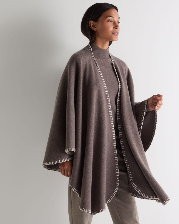 N.Peal Women's Milano Stitch Trim Cashmere Cape Otter Brown