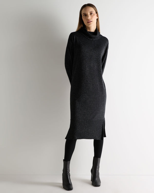 N.Peal Women's Roll Neck Cashmere Dress Black Sparkle