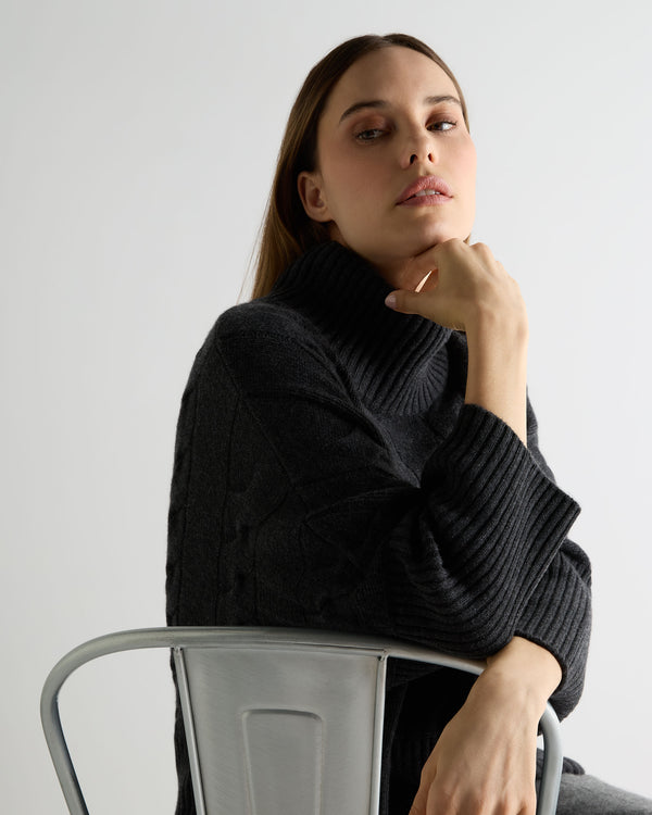 N.Peal Women's Oversized Cable Cashmere Jumper Deep Charcoal Grey