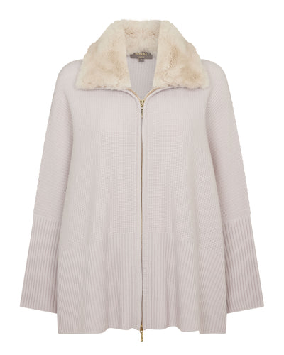N.Peal Women's Textured Zip Through Cashmere Poncho With Fur Snow Grey