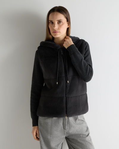 N.Peal Women's Honeycomb Fur Trim Cashmere Hoodie Deep Charcoal Grey