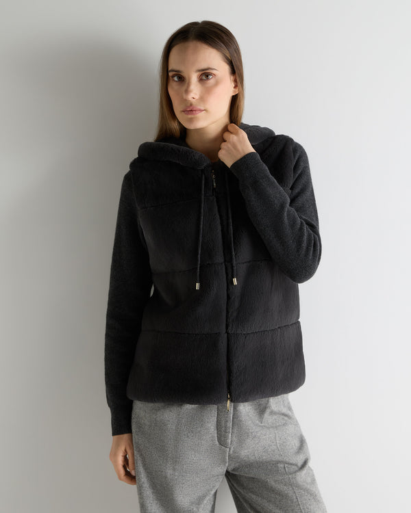 N.Peal Women's Honeycomb Fur Trim Cashmere Hoodie Deep Charcoal Grey