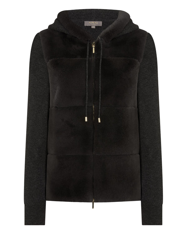 N.Peal Women's Honeycomb Fur Trim Cashmere Hoodie Deep Charcoal Grey