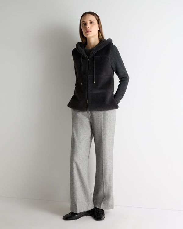 N.Peal Women's Honeycomb Fur Trim Cashmere Hoodie Deep Charcoal Grey
