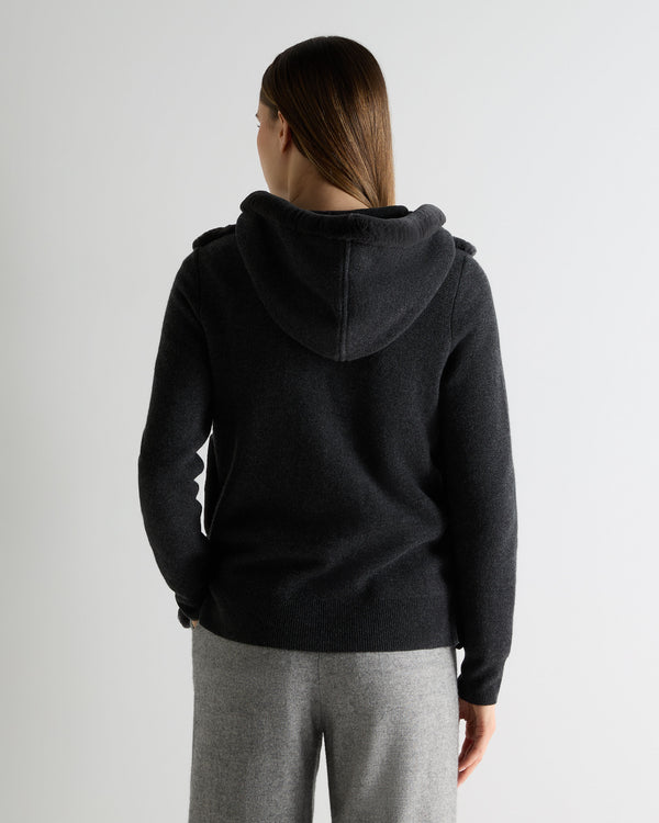 N.Peal Women's Honeycomb Fur Trim Cashmere Hoodie Deep Charcoal Grey