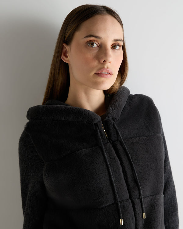 N.Peal Women's Honeycomb Fur Trim Cashmere Hoodie Deep Charcoal Grey