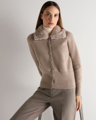 N.Peal Women's Honeycomb Fur Trim Cashmere Cardigan Oatmeal Brown