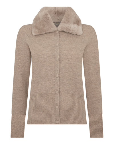N.Peal Women's Honeycomb Fur Trim Cashmere Cardigan Oatmeal Brown