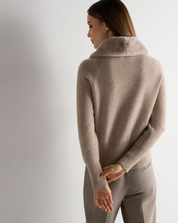 N.Peal Women's Honeycomb Fur Trim Cashmere Cardigan Oatmeal Brown