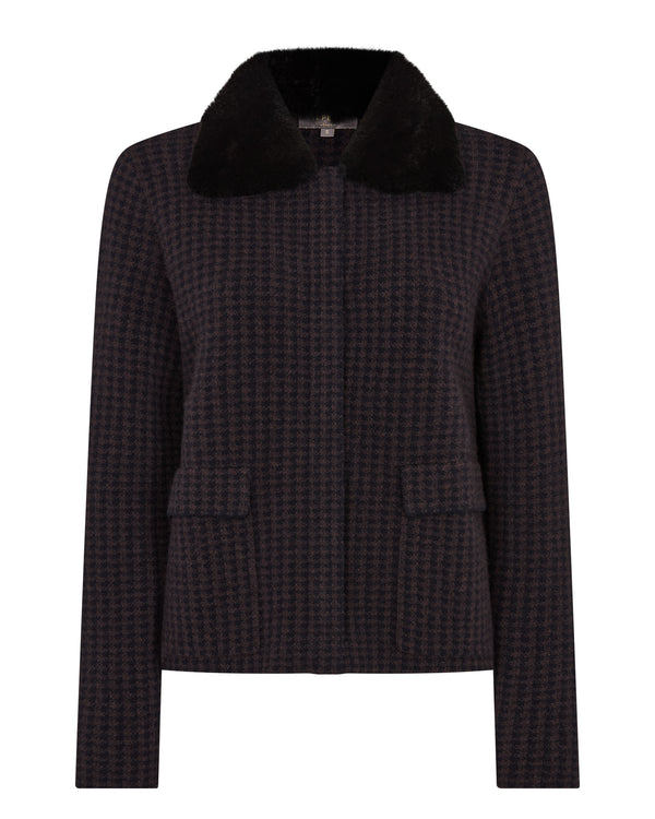 N.Peal Women's Dogtooth Fur Trim Cashmere Jacket Navy Blue