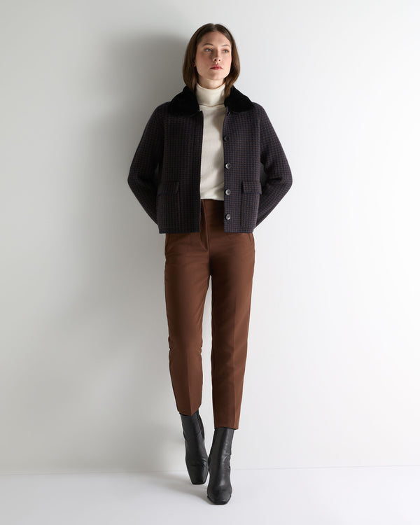 N.Peal Women's Dogtooth Fur Trim Cashmere Jacket Navy Blue