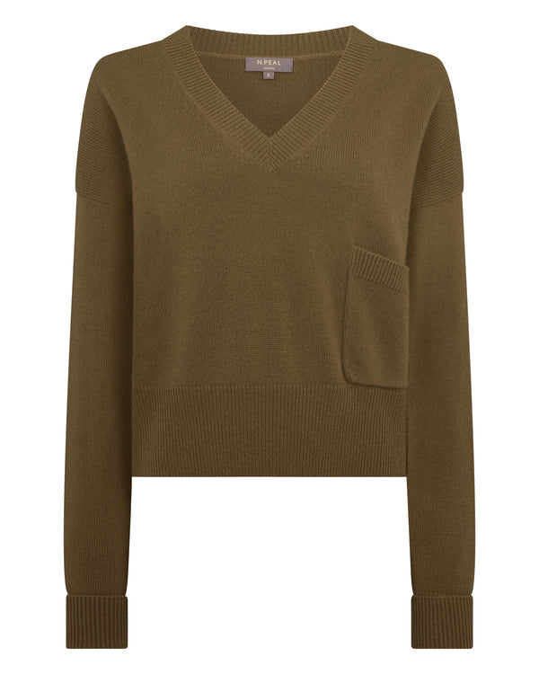 N.Peal Women's Cropped V Neck Cashmere Jumper Cinnamon Brown