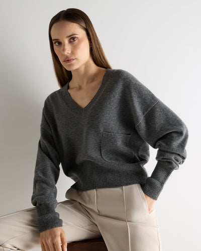 N.Peal Women's Cropped V Neck Cashmere Jumper Elephant Grey