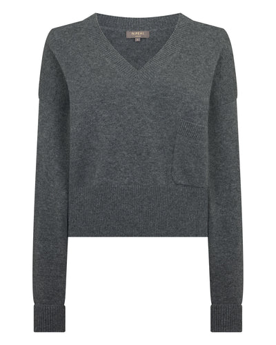 N.Peal Women's Cropped V Neck Cashmere Jumper Elephant Grey