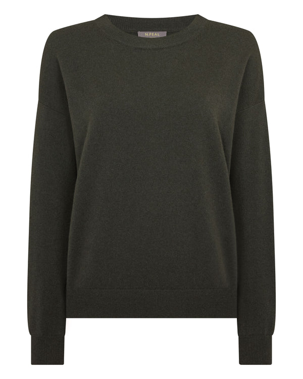 N.Peal Women's Oversized Round Neck Cashmere Jumper Arabica Khaki Green