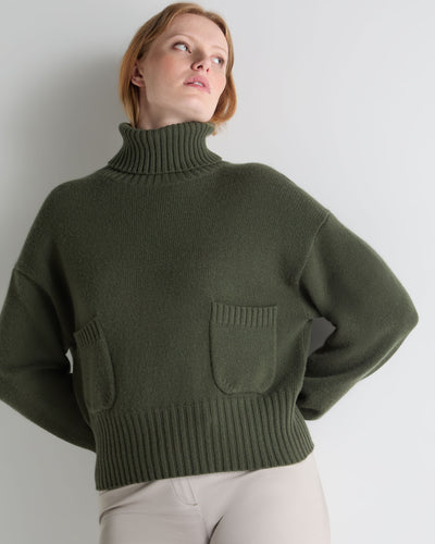 N.Peal Women's Cropped Roll Neck Cashmere Jumper Army Green