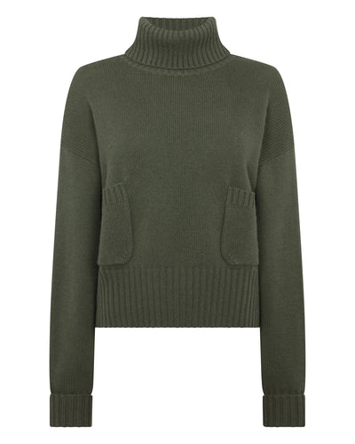 N.Peal Women's Cropped Roll Neck Cashmere Jumper Army Green