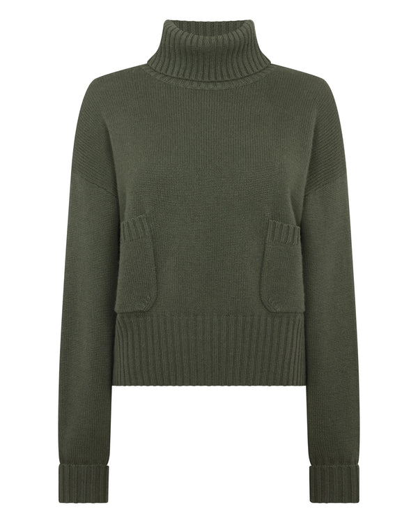 N.Peal Women's Cropped Roll Neck Cashmere Jumper Army Green