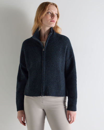 N.Peal Women's Marl Zip Through Cashmere Jacket Atlantic Blue Melange