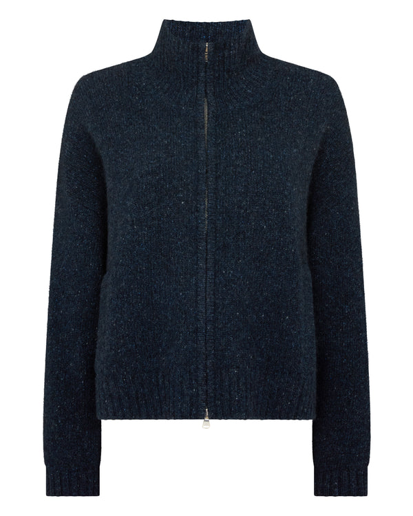 N.Peal Women's Marl Zip Through Cashmere Jacket Atlantic Blue Melange