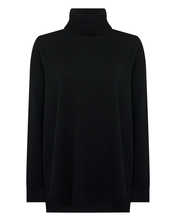 N.Peal Women's Longline Roll Neck Cashmere Jumper Black