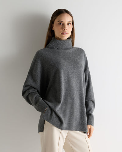 N.Peal Women's Longline Roll Neck Cashmere Jumper Elephant Grey
