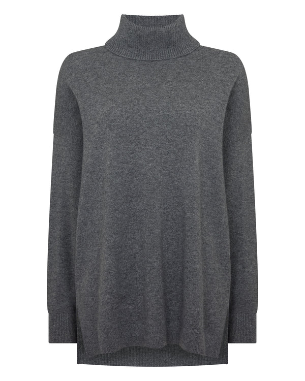 N.Peal Women's Longline Roll Neck Cashmere Jumper Elephant Grey