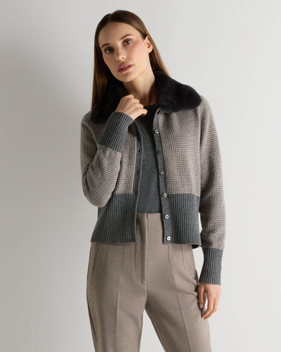 N.Peal Women's Dogtooth Cashmere Cardigan With Fur Elephant Grey
